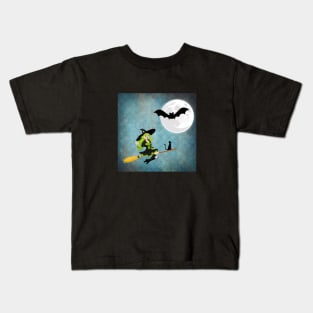 Green Haired Witch Flying on Broom With Cat Kids T-Shirt